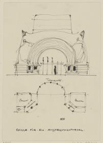 Darmstadt, Haupteingang zur Ausstellung der Künstlerkolonie, Vorentwurf, Skizzenblatt mit Aufriss und Grundriss
