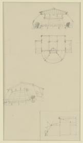 Darmstadt, provisorisches Galeriegebäude, Gebäude für Flächenkunst für die Ausstellung, vorbereitende Skizze, Aufriss, Grundriss, Perspektive und Schnitt