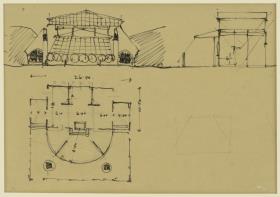 Darmstadt, provisorisches Galeriegebäude, Gebäude für Flächenkunst für die Ausstellung, vorbereitende Skizze, Aufriss, Grundriss und Schnitt