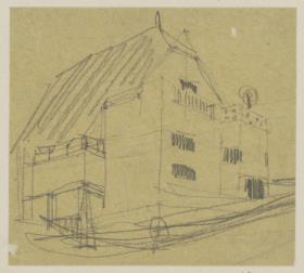 Darmstadt, Wohnhaus Christiansen, vorbereitende Skizze, Perspektive von Südosten