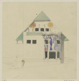 Darmstadt, Wohnhaus Christiansen, vorbereitende Skizze, Aufriss der Ostfassade