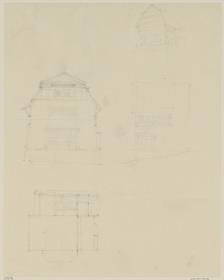 Darmstadt, Wohnhaus Keller, Vorentwurf, Skizzenblatt mit zwei Aufrissen, Perspektive und Grundriss