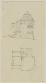 Darmstadt, Wohnhaus Deiters, vorbereitende Skizze mit Aufriss der Südfassade und Grundriss