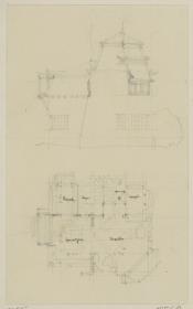 Darmstadt, Wohnhaus Deiters, vorbereitende Skizze mit Aufriss der Südfassade und Grundriss