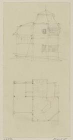 Darmstadt, Wohnhaus Deiters, Skizzenblatt mit Aufriss der Südfassade und Grundriss