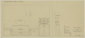Darmstadt, Doppelhaus Stade, Wohnung Joseph Stade, Wohnzimmer, Aufriss der Ostwand, Aufriss des Tisches sowie Seitenansichten von Sofa und Schrank