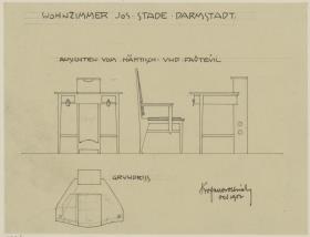 Darmstadt, Doppelhaus Stade, Wohnung Joseph Stade, Wohnzimmer, Grundriss, Vorder- und Seitenansicht des Nähtisches sowie Seitenansicht des Sessels