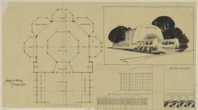 Darmstadt, provisorisches Blumenhaus für die Ausstellung, Grundriss und Perspektive