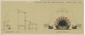 Darmstadt, provisorisches Blumenhaus für die Ausstellung, Querschnitt und Aufriss der Hauptfassade