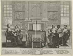 Das Gleichnis von den klugen und törichten Jungfrauen, Bl. 1: Les Vierges sages à leurs pieuses occupations
