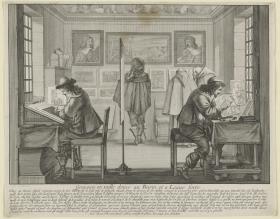 Stecher bei der Erstellung von Druckvorlagen in verschiedenen Techniken (Graveurs en taille douce au Burin et a L'eau forte)