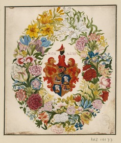Wappen des M. C. Holzschuher in einem Blumenkranz