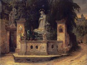 Straßenansicht mit Figur des hl. Nepomuk und der Festung Glatz