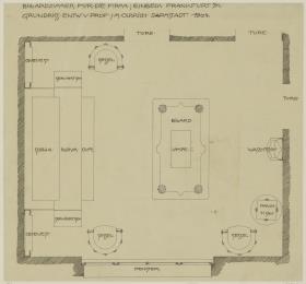 Darmstadt, Dreihäusergruppe, Eckhaus, erstes Obergeschoss, Billardzimmer, Raum 9, Grundriss mit Möblierungsplan