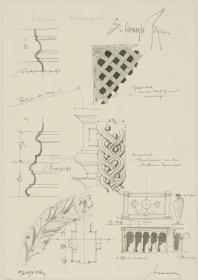 Reisestudien, Rom, S. Clemente, Skizzenblatt mit mehreren Profilen, Schmuck Details, Grundriss Detail und Fassade