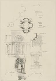 Reisestudien, Rom, SS. Luca e Martina, Skizzenblatt mit Grundriss, Grund- und Aufrissdetails und Profilen