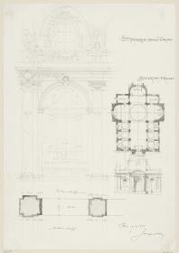 Reisestudien, Rom, S. Maria dell`Orto, Skizzenblatt mit Grundriss, Fassade, einer Achse des Seitenschiffs und Pfeilergrundrissen