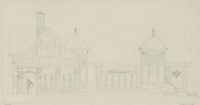 Darmstadt, Projekt Stallgebäude Julius Glückert, zweite Version, Aufrisse der Süd und Ostfassade