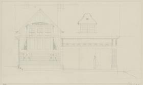 Darmstadt, Projekt Stallgebäude für Julius Glückert, dritte Version, Aufriss der Westfassade