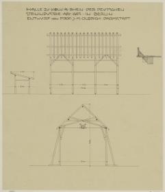 Köln, zwei Projekte einer Ausstellungshalle für die Deutsche Steinindustrie AG, drei Balkenkonstruktionen und ein Detail