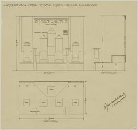 Hannover, Ausstellungsstand der Firma Oscar Winter für die internationale Ausstellung in Turin, Aufriss, Grundriss und Schnitt