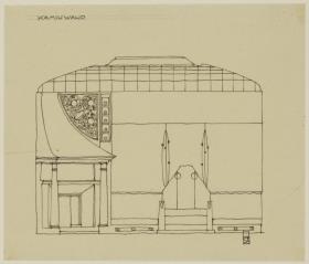 Darmstadt, Musiksaal im Neuen Palais, vorbereitende Skizze, Aufriss der Kaminwand