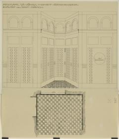 Darmstadt, Musiksaal im Neuen Palais, Aufriss der Wände der Brunnennische sowie Grundriss