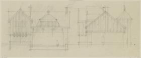 Darmstadt, Stallgebäude mit Kutscherwohnung für Julius Glückert, Skizzenblatt mit Aufrissen der Süd und Ostfassade