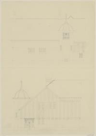 Darmstadt, Stallgebäude mit Kutscherwohnung für Julius Glückert, Skizzenblatt mit Aufrissen der Nord- und Westfassade
