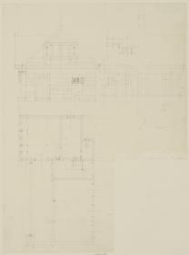 Darmstadt, Projekt Stallgebäude für Julius Glückert, erste Version, Aufrisse der Süd und Nordfassade sowie Grundriss