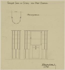 St. Louis, Sommersitz eines Kunstfreundes auf der internationalen Ausstellung, Bibliothek, Raum 24, Aufriss, Seitenansicht und Schnitt des Schrankes