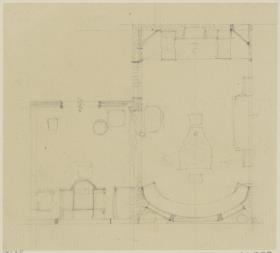 St. Louis, Sommersitz eines Kunstfreundes auf der internaitonalen Ausstellung, Musikzimmeer, Raum 26, Skizzenblatt mit Grundrissen des Musik und Herrenzimmers