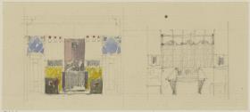 St. Louis, Sommersitz eines Kunstfreundes auf der internationalen Ausstellung, Musikzimmer, Raum 26, Vorentwurf mit Aufriss der Südwestwand sowie Aufriss der Nordwestwand des Herrenzimmers