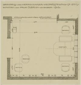 St. Louis, Sommersitz eines Kunstfreundes auf der internationalen Ausstellung, Herrenzimmer, Raum 27, Grundriss mit Möblierungsplan