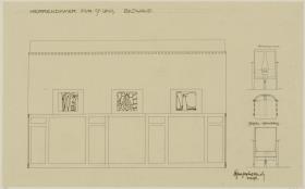 St. Louis, Sommersitz eines Kunstfreundes auf der internationalen Ausstellung, Herrenzimmer, Raum 27, Aufriss der Südostwand sowie Aufrisse und Grundriss des Sessels