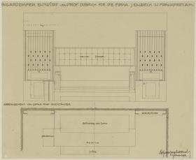 Darmstadt, Dreihäusergruppe, Eckhaus, erstes Obergeschoss, Billardzimmer, Raum 9, Aufriss und Grundriss von Sofa und Queueständer