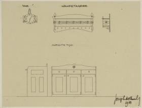 Darmstadt, Dreihäusergruppe, Eckhaus, Kellergeschoss, Küche, Aufrisse und Seitenansichten von Wandbord und Anrichte sowie Aufriss der Uhr