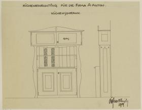 Darmstadt, Dreihäusergruppe, Eckhaus, Kellergeschoss, Küche, Aufriss und Seitenansichten des Schrankes