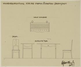 Darmstadt, Dreihäusergruppe, Eckhaus, Kellergeschoss, Küche, Aufrisse und Seitenansichten von Anrichtetisch und Stuhl sowie Aufriss eines weiteren Wandbordes