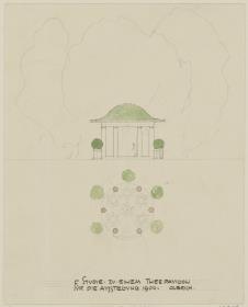 Darmstadt, provisorisches Restaurant für die Künstler Kolonie Ausstellung, Aufriss und Grundriss eines Pavillons