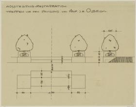 Darmstadt, provisorisches Restaurant für die Künstlerkolonie Ausstellung, Treppen vor den Pavillons, zwei Aufrisse und Grundriss