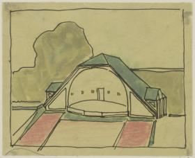 Darmstadt, provisorischer Konzertpavillon für die Künstlerkolonie Ausstellung, Skizzenblatt mit Perspektive