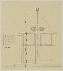 Darmstadt, provisorische Kartenpavillons und Zaun für die Künstlerkolonie Ausstellung, Postkarten Pavillon, Aufrisse der Hauptfassade und eines Fensters