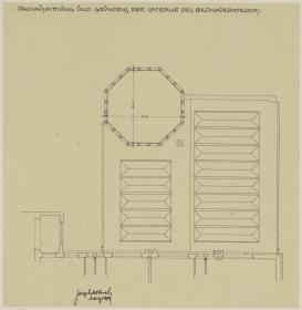 Darmstadt, Bildhaueratelier am Ernst Ludwig Haus, Horizontalschnitt durch die Laterne des Oktogons und Projektion des Atelierdaches