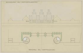Köln, Projekt Deutsche Kunstausstellung, Hauptportal, Aufriss der Hauptfassade und Grundriss