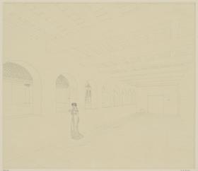 Köln, Frauenrosenhof der Deutschen Kunstausstellung, Vorentwurf, Perspektive des Wandelganges von Süden