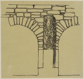 Köln, Frauenrosenhof der Deutschen Kunstausstellung, Vorentwurf, Skizzenblatt mit Entwurf zum Skulpturenschmuck der Hoffassade des 'Wandelganges