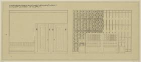 Darmstadt, Stallgebäude mit Kutscherwohnung für Julius Glückert, Schlafzimmer, Aufrisse der West- und Ostwand