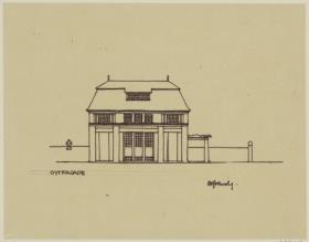 Darmstadt, Projekt Doppelhaus Cabinet, erste Version, Skizzenblatt mit Aufriss der Ostfassade