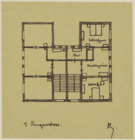 Darmstadt, Projekt Doppelhaus Cabinet, zweite Version, Skizzenblatt mit Grundriss des 1. Obergeschosses